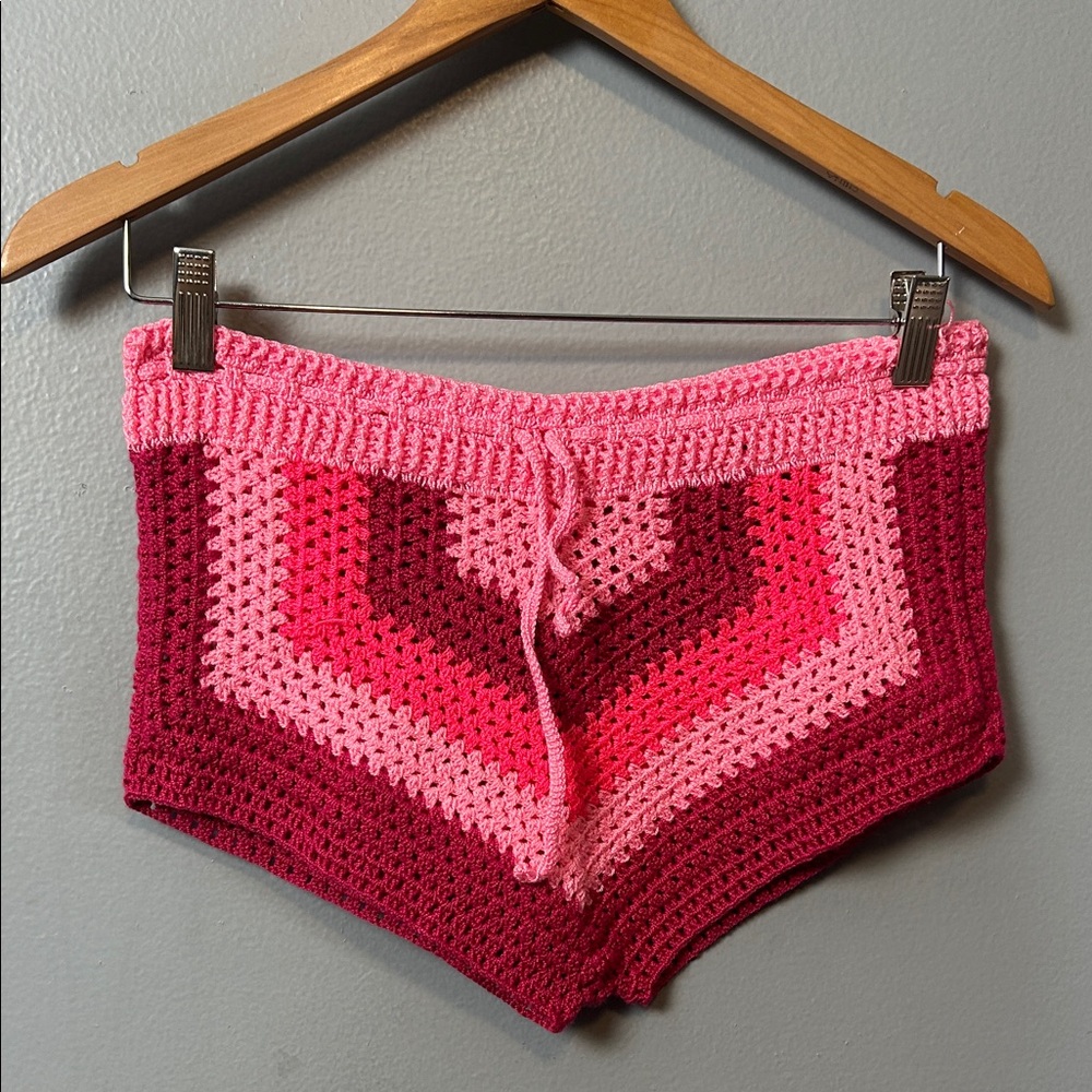 handmade crochet boho-style shorts in shades of pink  small drawstring waist